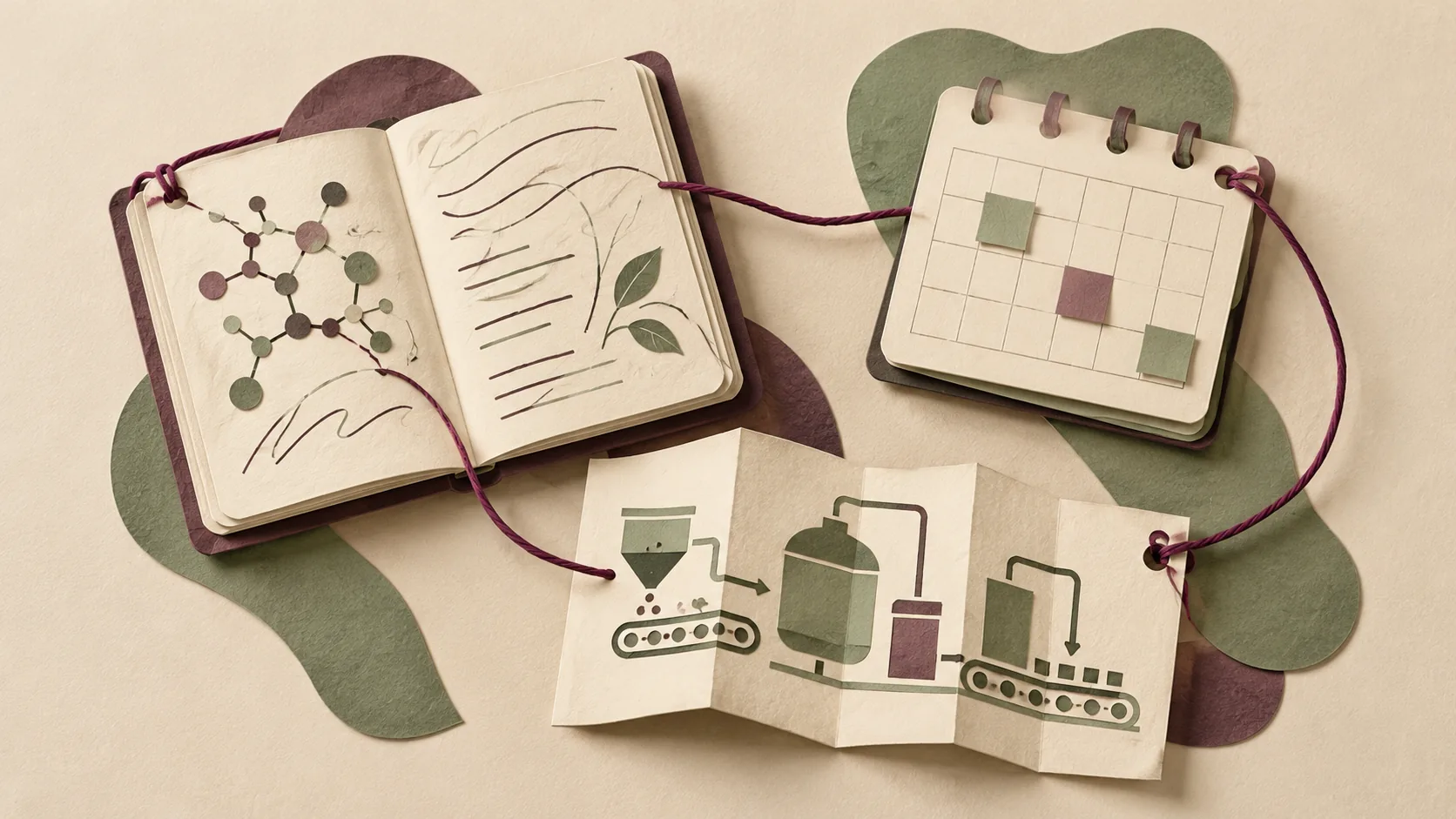 Un hilo une un cuaderno de investigación, un calendario y una hoja con un esquema de fabricación.
