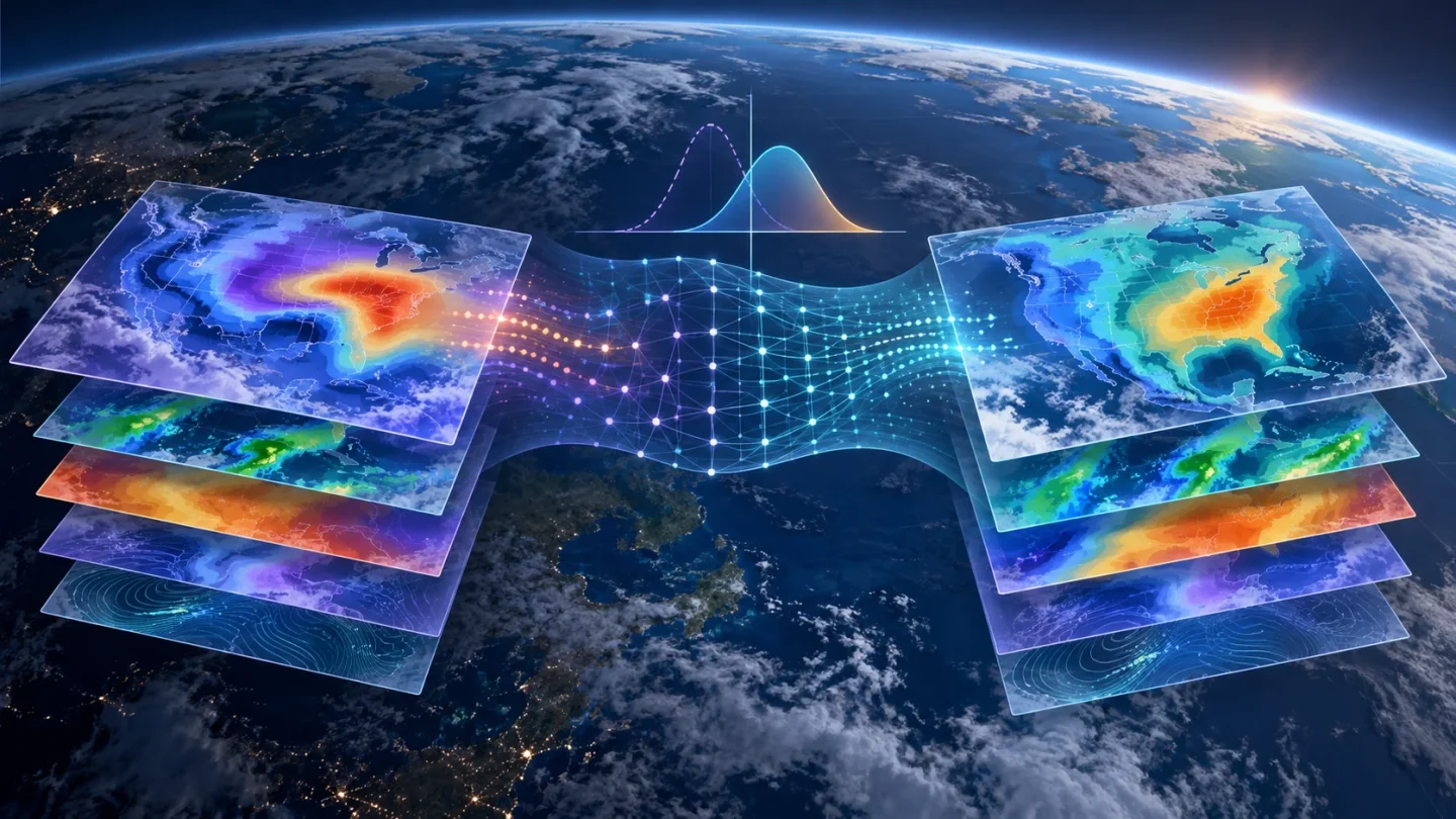 Mapas meteorológicos probabilísticos de lluvia y temperatura conectados a una capa de corrección estadística.