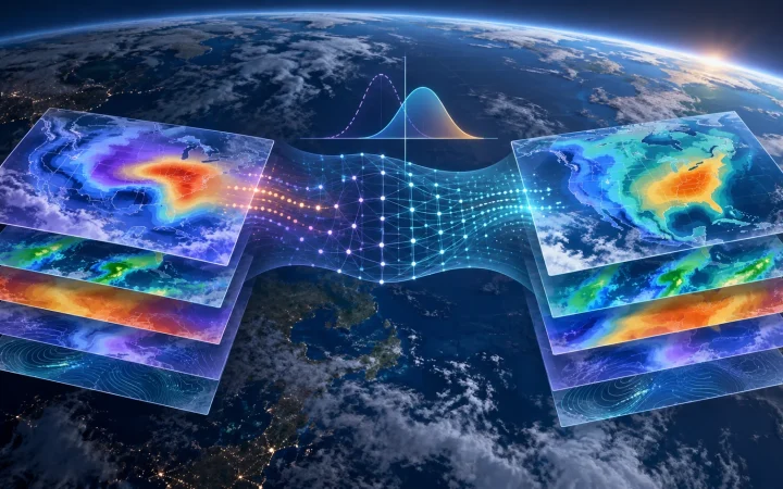 Mapas meteorológicos probabilísticos de lluvia y temperatura conectados a una capa de corrección estadística.