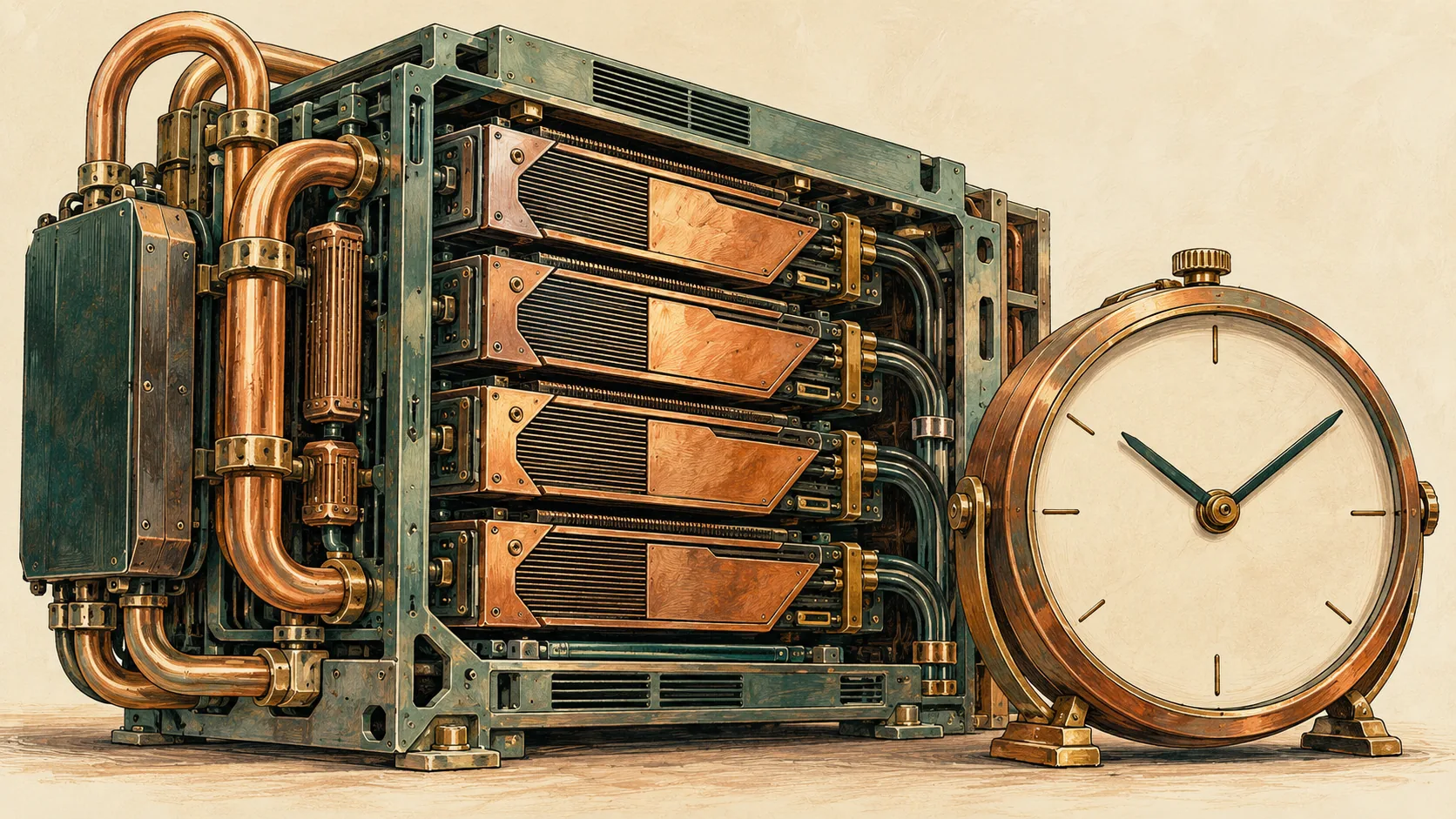 Un módulo de cómputo con tubos de refrigeración junto a un reloj sin números.