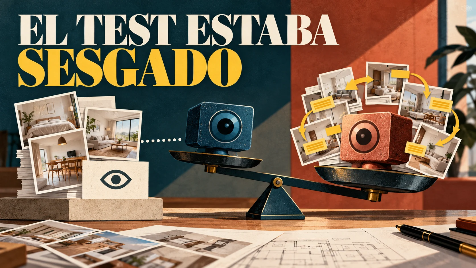 Dos sistemas de visión comparan fotografías inmobiliarias mientras una balanza revela que las etiquetas del modelo anterior inclinaban la evaluación