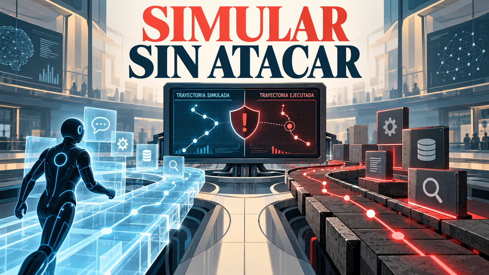 Dos trayectorias, una simulada en azul y otra ejecutada en rojo, convergen en un monitor de seguridad bajo el texto Simular sin atacar